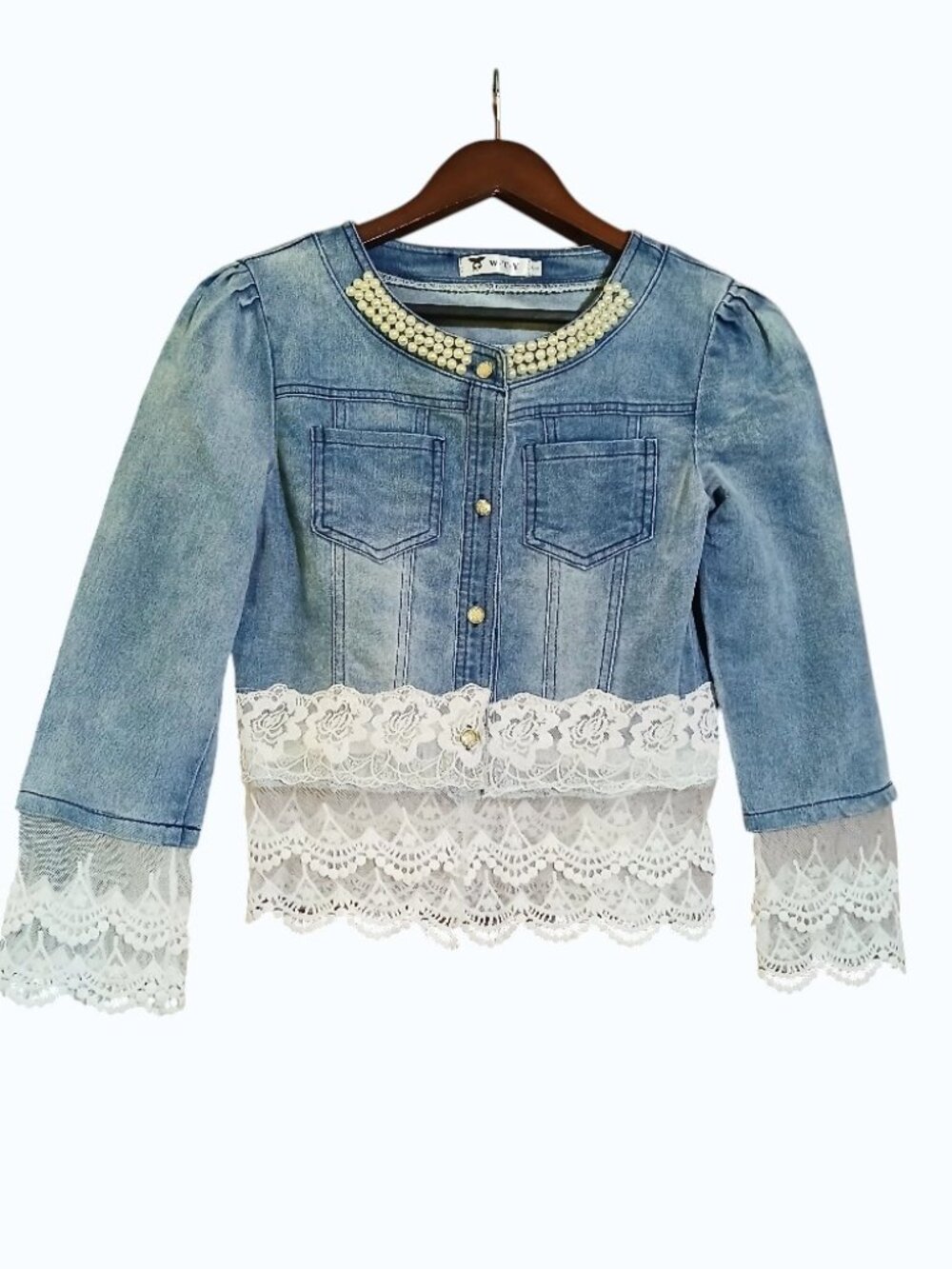 WTY Blue Jean Jacket with Faux Pearls and Lace/Crochet Cuffs & Hem - EUC - Picture 2 of 12